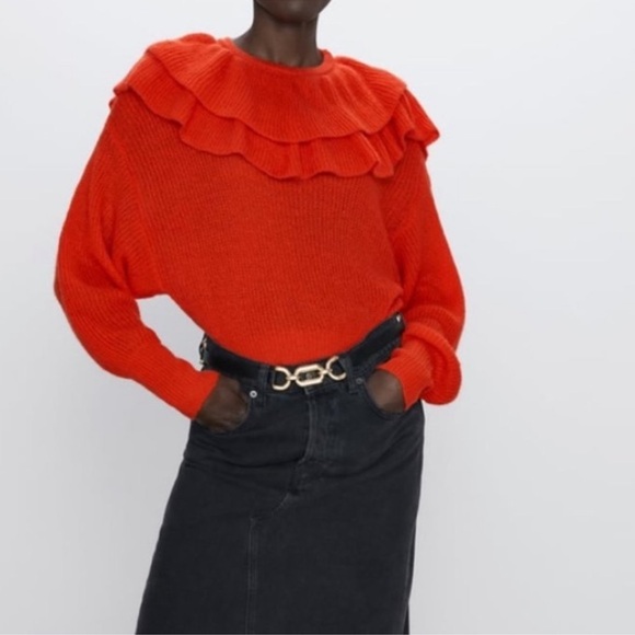 ZARA RED RUFFLE SWEATER - Picture 1 of 4